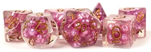 Pearl Pink Dice with Copper Numbers Resin 16mm (5/8in) 7 Dice Set Metallic Dice Games