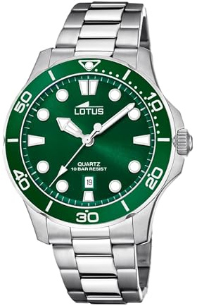 LOTUS Reloj Hombre Analógico de Acero Inoxidable 316l Plateado | Movimiento de Cuarzo, Calendario, Cristal Mineral de Alta Resistencia, Resistente al Agua 10 ATM 18759/2 Excellent