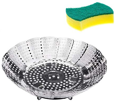CHINZIO Gemüsedämpfer, Dampfgarer Einsatz mit Reinigungsschwämme, Dünsteinsatz Faltbar, Edelstahl, Spülmaschinengeeignet für Gemüse, Kochtöpfe und verschiedenes Kochen