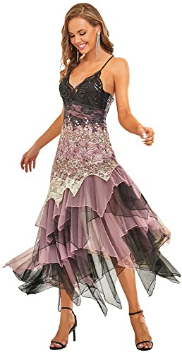 Ever-Pretty Abito da Ballo Scollo a V Tracolla Regolabile Elegante Orlo Asimmetrico Vestiti da Sera e Cerimonia Donna Orchidea 38