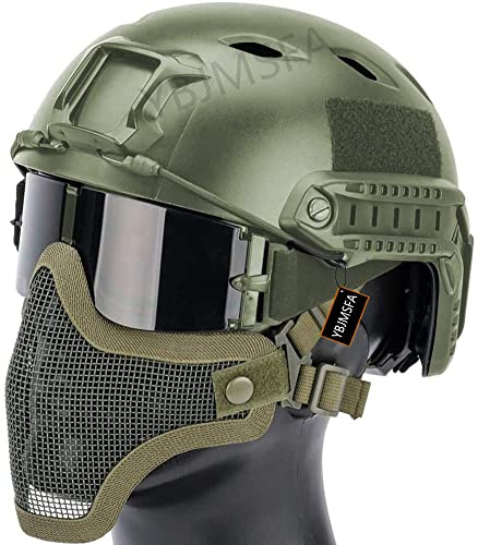 Casco Tattico Da Softair Rapido Tipo PJ E Maschera A Rete Pieghevole Per Pistola Ad Aria Compressa A Mezza Faccia, Occhiali Di Sicurezza Con 3 lenti, Adatto Per CS/Caccia/Paintball/Tiro