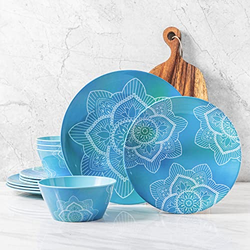 bzyoo Juego de vajilla de melamina de 12 piezas, duradero, apto para lavavajillas, platos y cuencos azules, ideal para cenas informales, fiestas, camping, La La Mandala Ombre Blue