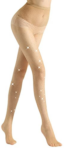WOOKIT Calze a Rete Donna Brillantini Sexy, Collant a Rete Elasticizzate a Vita Alta con Strass Scintillanti Bling Bling Glitter Paillettes Calze-Calze a Rete Brillantini Carne-1 paio