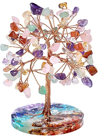 Nupuyai Kristall Edelstein Baum mit 7 Chakra Steine Harzbasis, Kupferdraht Geldbaum Feng Shui Bonsai Baum des Lebens Deko für Zuhause, Büro und Glück