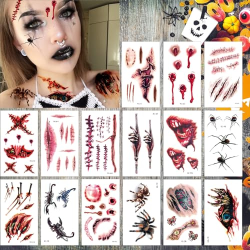 Wasserdichte Temporäre Tattoos Halloween: Zombie, Vampir, Narben & Wunden – Für Erwachsene & Kinder, Gesichtschminken & Cosplay Deko