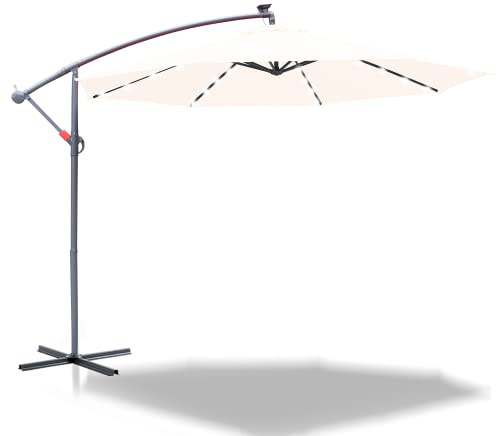 Joparri Ampelschirm mit/ohne LED Solar Sonnenschirm Ø 300/350 cm mit Kurbel| Ampelschirm mit Ständer | Gartenschirm Sonnenschutz UV-Schutz | Kurbelschirm Marktschirm wasserdicht