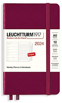 LEUCHTTURM1917 367737 Wochenkalender & Notizbuch Pocket (A6) 2024, 12 Monate, Port Red, Englisch