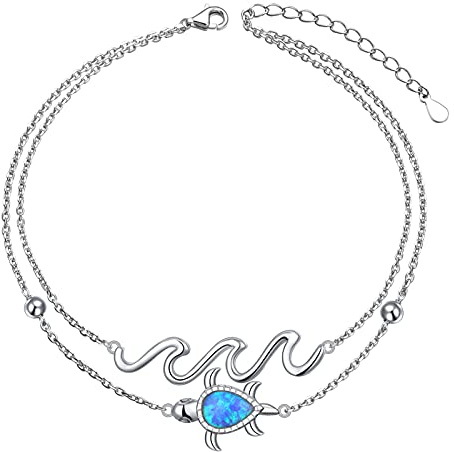 Bracelets de cheville pour femme en argent sterling 925, opale bleue, tortues de mer, vagues, pied réglable, bracelet de cheville, bijoux océan, 9, 10, 11 pouces