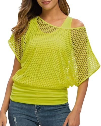 ELFIN Damen Netzshirt Netztop Netzhemd 80er Jahre Outfits Karneval Fasching Motto Party Tops Netzoberteil Sommertops