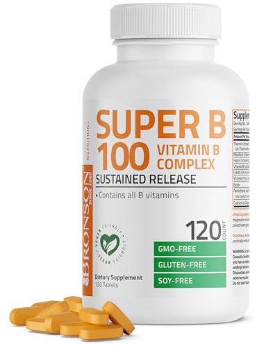 Bronson Super B100 Vitamin B Complex Sustained Release Contains All B Vitamins (Vitamin B1, B2, B3, B6, B9 - Folic Acid, B12), 120 Tablets
