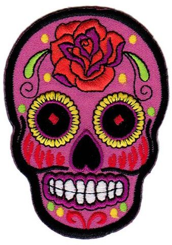 Totenkopf Rosa Rose Aufnäher zum aufbügeln aufnähen Bügelbild Aufbügler für Kleidung gestickter Bügelflicken Mexiko Applikation Mexikanischer Schädel Skull Día de los Muertos Patch Größe 6,6 x 9 cm