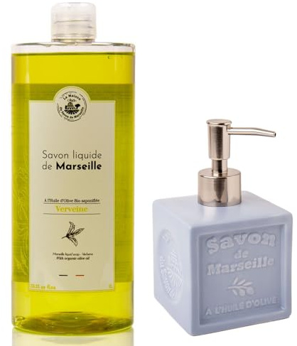 La Maison du Savon De Marseille - Bio Eisenkraut Flüssigseife mit nachfüllbarem Seifenspender aus blauer Keramik - Küchen- und Badezimmerzubehör für Zuhause - 1 Liter Nachfüllung und 300 Milliliter