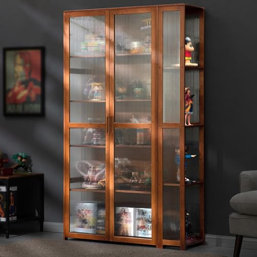 HARELA Glasvitrine Standvitrine, Vitrine Curio Cabinet, Vitrinen aus natürlichem Bambus für Sammlerstücke, Doppeltür-Design für praktische Aufbewahrung, Aufbewahrung/Organisation, C