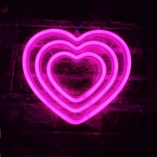HFHungkeong Rosafarbenes Herz-Neonschild, LED-Herzlicht-Wandkunstlampe, batteriebetrieben und USB-betrieben, LED-Liebesherz für Mädchenzimmer, Valentinstag, Hochzeitstisch, Fensterdekoration (Rosa)