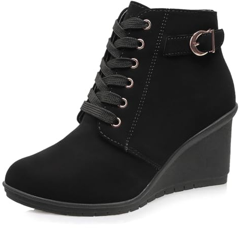 Dernolsea Women's Wedge Ankle Boots, Lace Up Zip Ladies Chunky Platform Boots Black Size 5