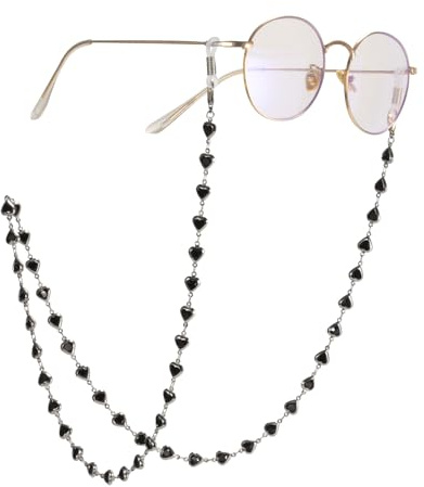 TEAMER Modische bunte Herz-Brillenkette, Sonnenbrillenband, Brillenhalter, Schmetterlings-Perlen, Leseglasband für Damen, Schwarzes Herz – Silberkette, 30.71*0.26 inch