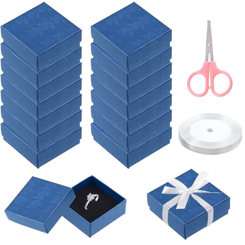 Swpeet 17 scatole regalo in cartone blu zaffiro, 7,5 x 7,4 x 3,2 cm, con forbici e nastro in poliestere, scatole regalo per collane, orecchini, bracciali, scatole regalo per gioielli