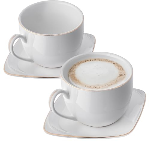 KADAX Juego de 2 tazas con platillos de porcelana, 250 ml, apilables con platillos para té, café y capuchino (redondo, blanco y dorado)