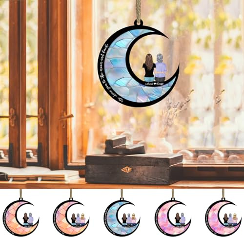 Adorno acrílico personalizado para colgar en la ventana de madres e hijas, mamá y niños sentados en la luna, decoración para colgar en la ventana, regalo personalizado para el día de la madre, mamá,