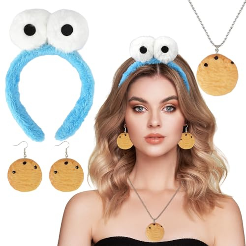 HOWAF Krümelmonster Kostüm, Krümelmonster Haarreif Cookie Monster Haarreif Cookie Halskette Ohrring für Halloween Fasching Karneval Kostüm