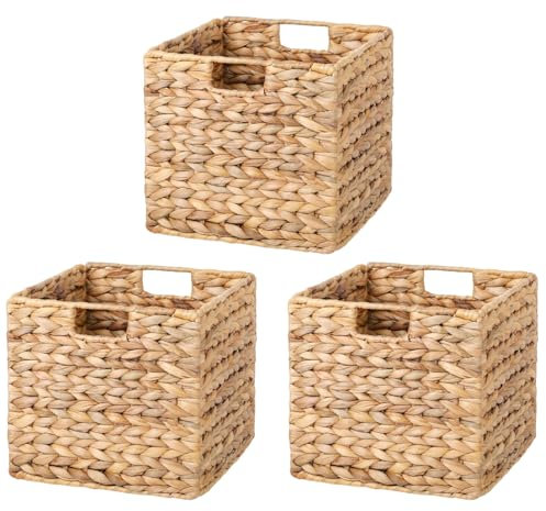 Einsatz für Kallax, 3-er Set Aufbewahrungskorb aus Seegras, geflochtener Korb klappbar aus Wasserhyazinthe mit Griff, Verstauung von Spielzeug, Wäschekorb, Küchenutensilien