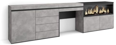 Skraut Home | Tocador | Dormitorio habitación | 284x75x35 cm | con cajón | Chimenea eléctrica XXL | Cómoda, Cajonera | Estilo Moderno | Cemento