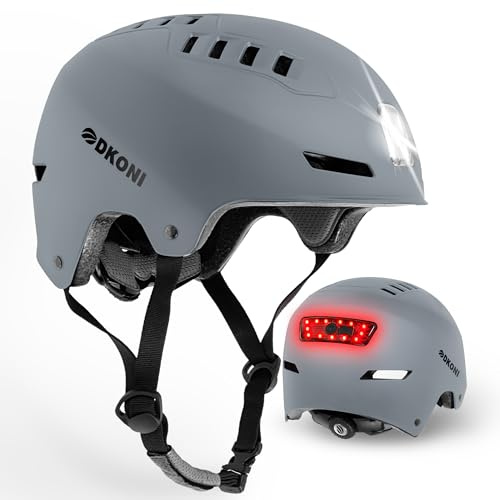DKONI Bike Helmet with LED Lights Bicycle Helmets Commuter Cycling Helmet USB Rechargeable Front & Back LED Light Helmet for Adult Men Women (Gray, L: 22″-24″(56-61cm))