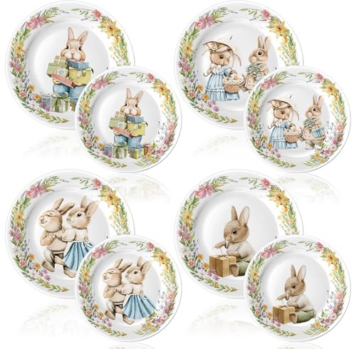LOYIM Set of 8 Easter Salad Plates with Rabbit Design, 8 pieces - 8 and 10 Salad Plates - Ceramic Easter Tableware - Assortment of Spring Designs - Rabbit Plates
