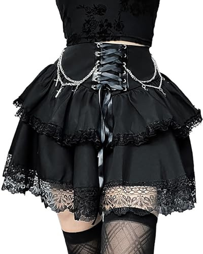 XKBHYD Ladies Gothic Mini Skirt Hight Waist Pleated Skater Punk Grunge Lace Up Skirt Harajuku Lolita Skirt with Chain Black