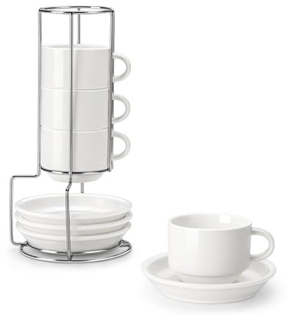 MALACASA Serie REGULAR, Set di 4 Tazze da Caffè per 4 Persone, 150 ml, Servizio da Caffè Impilabile con Piattino e Supporto in Metallo, Ideale per Espresso, Cappuccino, Latte, Moka e Tè, Bianco