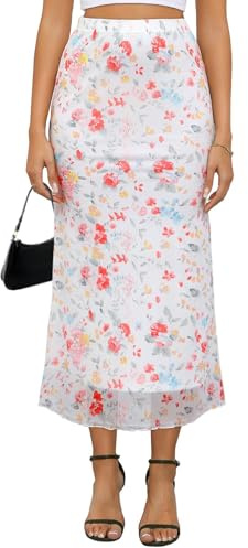 Women's Y2k Mesh Midi Skirt Elastic High Waisted Floral Print Bodycon Mermaid Long Skirts for Women