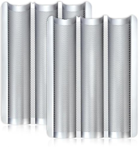 Hesanzol Moldes para baguette para hornear de 15 x 11 pulgadas, bandeja antiadherente de acero al carbono para pan francés e italiano perforado francés (2 unidades, plateado)
