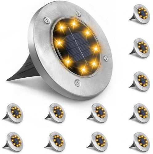 Blakapoo Solar Lights Outdoor Garden Stake, Warm White, 12 Pack Solar Ground Lights, 8 Led Disk Outdoor Garden, Waterproof IP65, Solar Path Lights for Lawn, Yard, Stairs, Patio, Pathway, Landscape