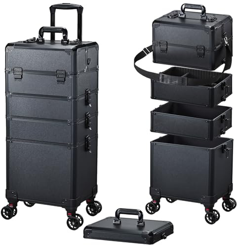 Rolling Makeup Case Makeup Train Case with Lid 5 in 1 Cosmetology Case on Wheels Cosmetic Trolley Organizer Large Makeup Organizers Case Profesional Cosmetic Case for Salon Barber Nail Beauty, Black