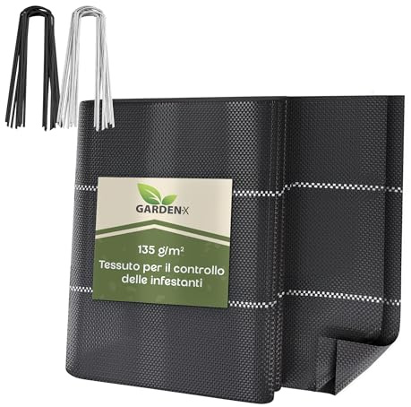 GARDENIX Ogräsduk med 50 ankare 5,5 m² (1,1 m x 5 m) – vattentät 135 g/m² – svart UV-resistent ogräsmaterial, ogrässkyddsfilm, marktyg, underjordsväv