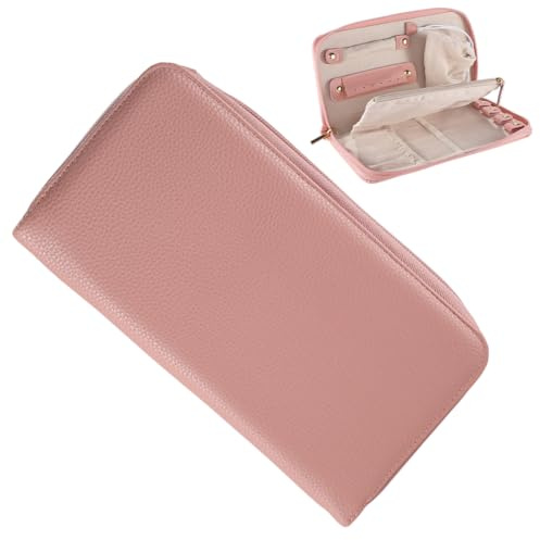 CREATCABIN Rosa Reise Schmucketui Organizer Tragbare Schmuckaufbewahrungstasche Für Damen Leder Wasserdicht Verwicklungsfrei Aufbewahrungsbox Für Halsketten Ringe Broschen Mit Reißverschluss 13x25cm