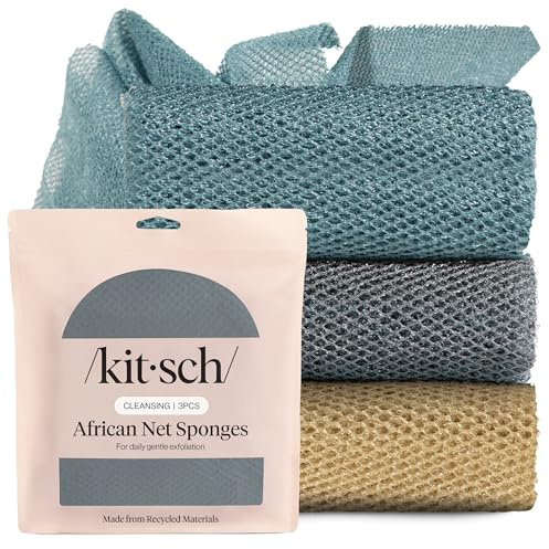 Kitsch African Net Sponge – Exfoliating Body Scrubber for Cleansing & Gentle Daily Exfoliation – Stretchable Bath Sponge for Hard-to-Reach Areas, Long-Lasting Shower Essential - Aqua Grey, 3 Pcs
