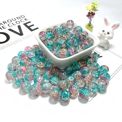 100Pcs 10mm Crackle Glass Beads with 2mm Hole - Smooth Round Beads for Bracelet Making, Jewellery Crafting Supplies for Necklaces, Earrings DIY (Purple Gold Green)