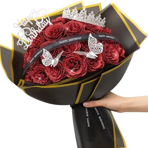 MEIVINES Glitter Roses Bouquet Red Fake Flower Bouquet Birthday Flower