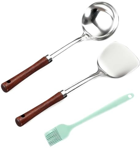 Wok Spatula and Ladle Tool Set, Stainless Steel Wok Tools with Wood Handle | Heat Resistant, Professional Kitchen Cooking Utensils Accessories