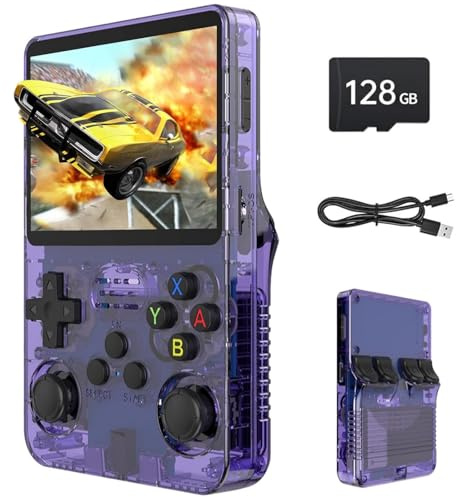 Consola de Juegos portátil Retro R36s, Pantalla IPS de 3,5 Pulgadas, 128 GB, más de 30 000 Juegos clásicos, batería Recargable, Sistema Linux y emuladores Populares (Translucent Purple)