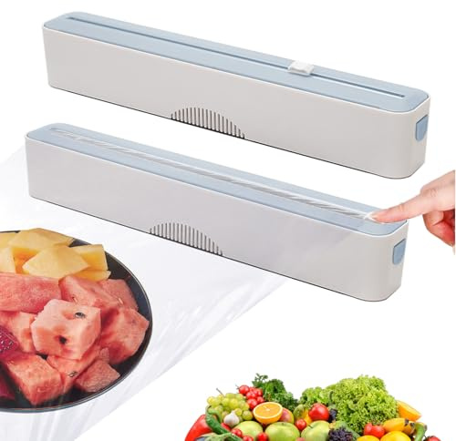 Cling Film Dispenser and Cutter 2Pcs, 2-in-1 Magnetic Clingfilm Dispenser with Cutter UK with a Cling Film, Plastic Cling Film Fispenser for Kitchen (Grey)