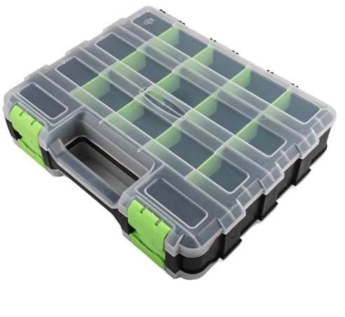 Boîte de rangement à outils double face avec 34 cloisons amovibles en plastique PP pour vis, écrous, boulons et petit matériel - Couvercle transparent, poignée supérieure, loquet robuste