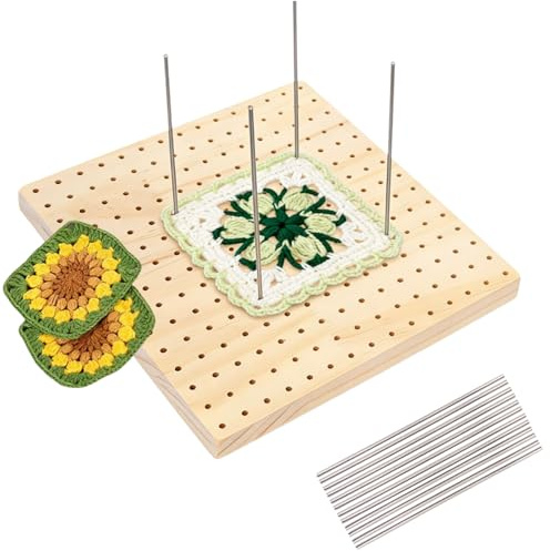 ROVENLIFEGO Crochet Blocking Board and Pins Set, 20x20cm | Wooden Granny Square Blocking Board, For Crochet & Knitting Projects, 12 Stainless Steel Pegs & Knitting Accessories
