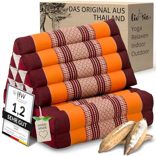 livasia Thaikissen mit 2 Auflagen - 120x50x8cm - Dreieckskissen mit Sitzkissen, Keilkissen mit Kapok, Rückenkissen faltbar, Thaimatte zum Klappen, handgefertigt, Meditationskissen (Orange)