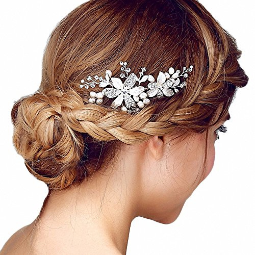 Miya® 1Stück MEGA Glamour Braut Kamm Steckkamm Haarkamm mit wunderschöner silber Blumen Blüte, dekoriert mit Perle und Kristallen, Braut Schmuck Hochzeit Jugendweihe Haarschmuck, Form YY03