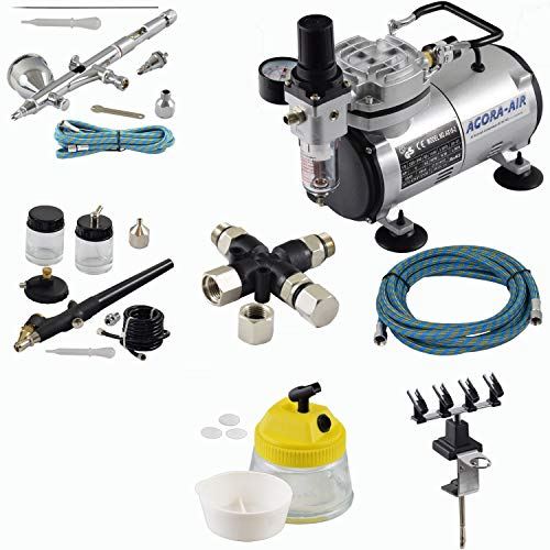 Agora-Tec® Airbrush Komplett-Set EXPERT XI.3, inkl. Kompressor mit 4 bar und 20l/min + 2 Airbrushpistolen mit 0,2 & 0,3 & 0,8mm Nadeln/Düsen + 3-fach Luftverteiler + 4fach-Halter + Clean-Pot + 2 Schläuche + Adapter
