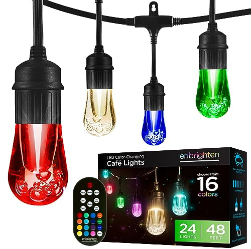 Enbrighten Vintage Outdoor String Lights, 48ft, 24 RGB Acrylic Bulbs, Weatherproof, RF Remote Control, Perfect for Holidays, Gameday, Parties, and More, 37790