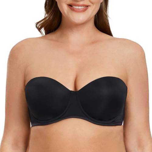 MELENECA Women's Strapless Bra for Large Bust Back Smoothing Plus Size with Underwire Black 44DD