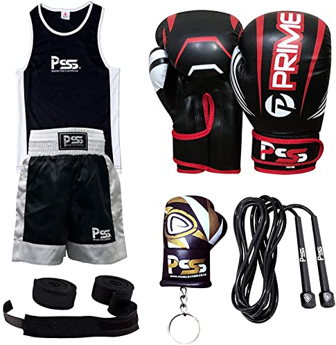 PSS Kinder Boxset/Uniform & Handschuhe, Handgelenkbandage, Springseil, Schlüsselanhänger, professionelles Zubehörset für Sparring, Kickboxen, Mixed Martial Art (1024 Schwarz, 13-14 Jahre)